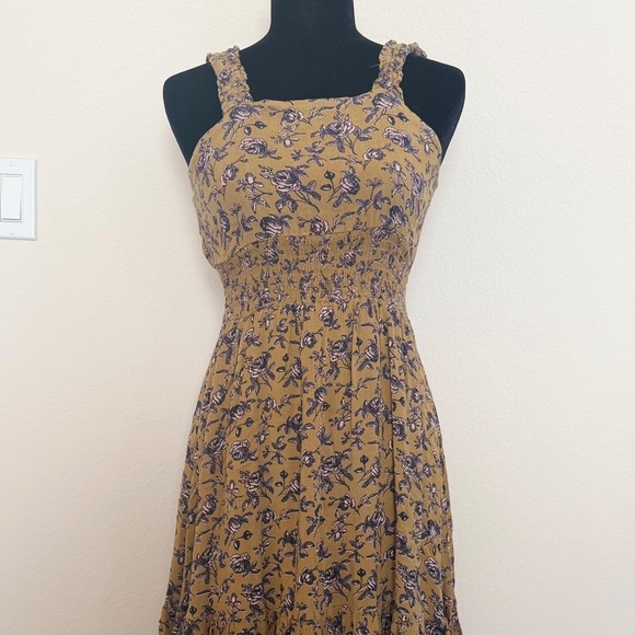 RAGA Boho Floral Smocked Midi Dress – Mustard Yellow & Navy - Picture 1 of 4